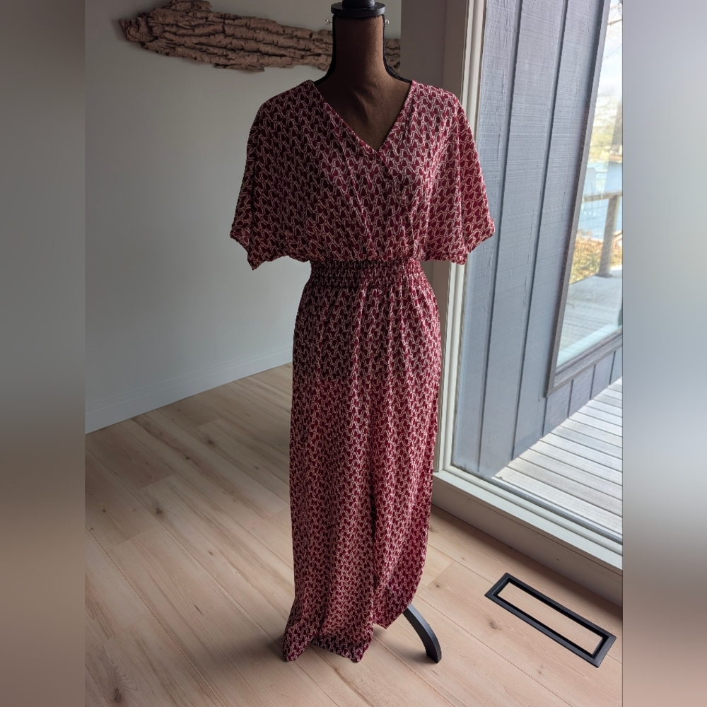 Red Patterned V-Neck Jumpsuit with Elastic Waist